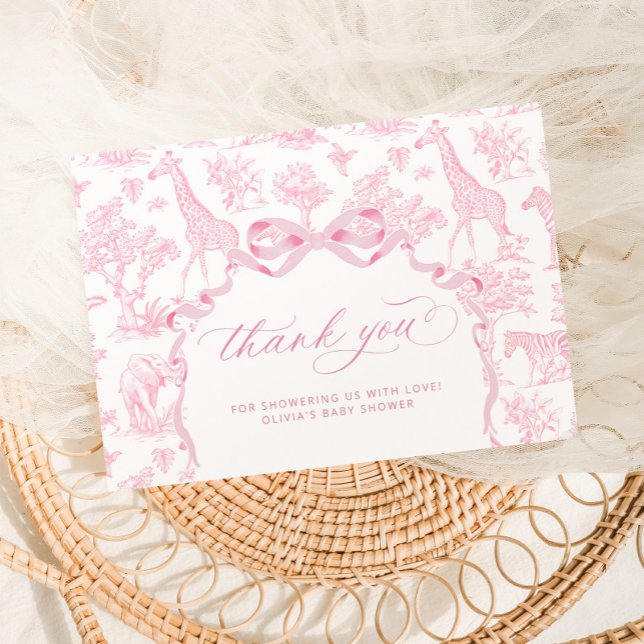 Cartão De Agradecimento Toile de Jouy Safari animais Chá de fraldas rosa (Criador carregado)