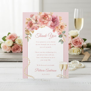 Cartão De Agradecimento Torrão de Pérolas Rosa e Prosecco para Chá de Noiv