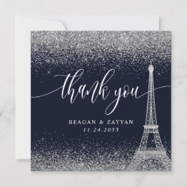 Cartão De Agradecimento Torre Eiffel de Paris Casamento Azul-Marinho Prata