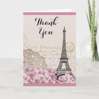 Torre Eiffel Vintage com flores rosa Obrigado