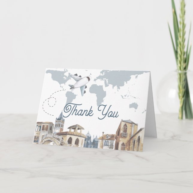 Cartão De Agradecimento Travel Adventure World Map Airplane Baby Shower  (Frente)