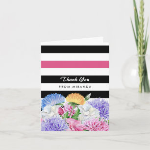 Cartão De Agradecimento Trendy Pink and Black Stripes Floral Obrigado