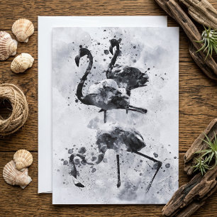 Cartão De Agradecimento Três Flamingos Preto e Branco Aquarela
