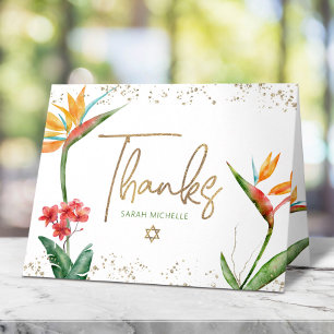 Cartão De Agradecimento Tropical Bat Mitzvah Aquarela Floral Rótulo Dourad