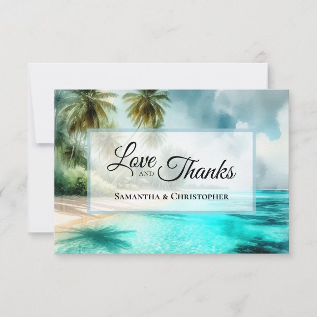 Cartão De Agradecimento Tropical Beach Watercolor Love & Thanks Wedding (Frente)