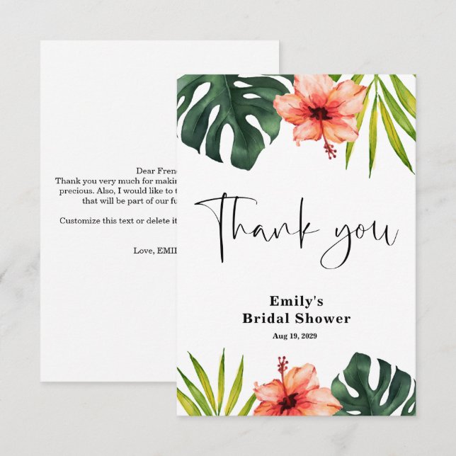 Cartão De Agradecimento Tropical Bridal Shower  Thank You Card (Frente/Verso)