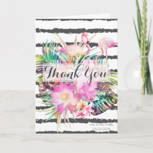 Cartão De Agradecimento Tropical floral flamingos stripes wedding design