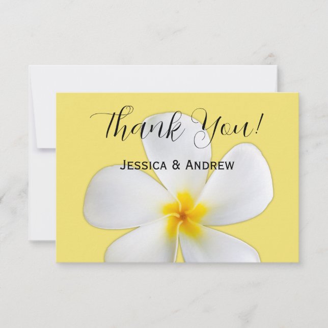Cartão De Agradecimento Tropical Floral, Plumeria Branca em Amarelo, Casam (Frente)