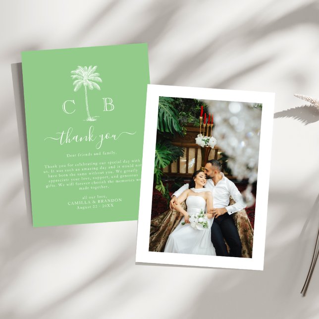 Cartão De Agradecimento Tropical Green Palm Initials Photo Wedding  (Criador carregado)