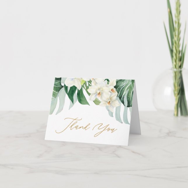 Cartão De Agradecimento Tropical Leaves Green And White Bridal Shower (Frente)