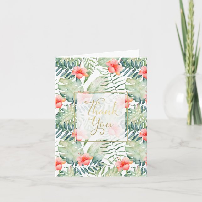 Cartão De Agradecimento Tropical Leaves Hibiscus Floral Thank you (Frente)
