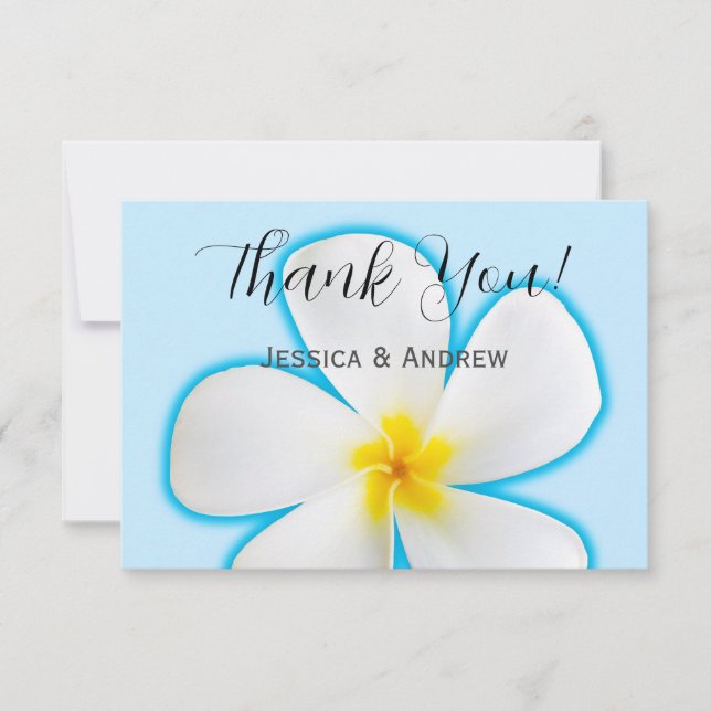 Cartão De Agradecimento Tropical, Plumeria Branca no Azul, Floral (Frente)