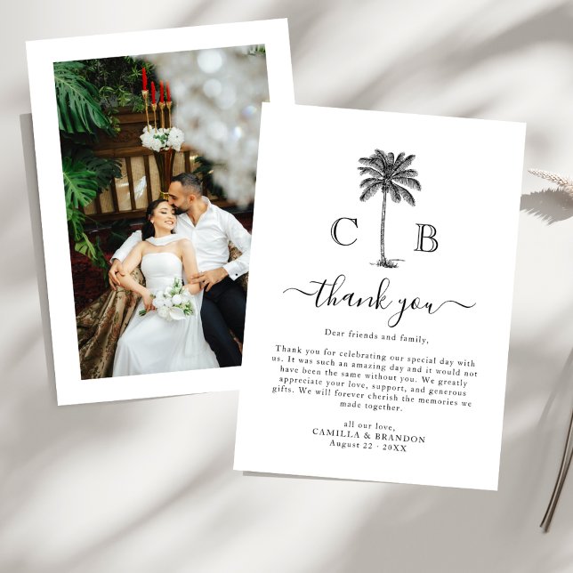Cartão De Agradecimento Tropical Simple Palm Initials Photo Wedding  (Criador carregado)
