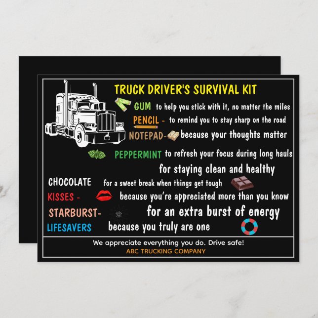 Cartão De Agradecimento Truck Driver’s Survival Kit Funny & Thoughtful  (Frente/Verso)