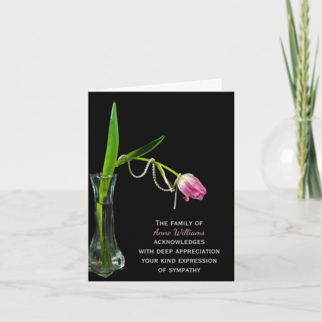 Cartão De Agradecimento Tulipa Rosa e Pérolas Obrigado da Família (Frente)