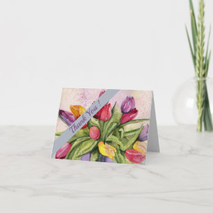 Cartão De Agradecimento Tulipas Coloridas Aquarela Floral