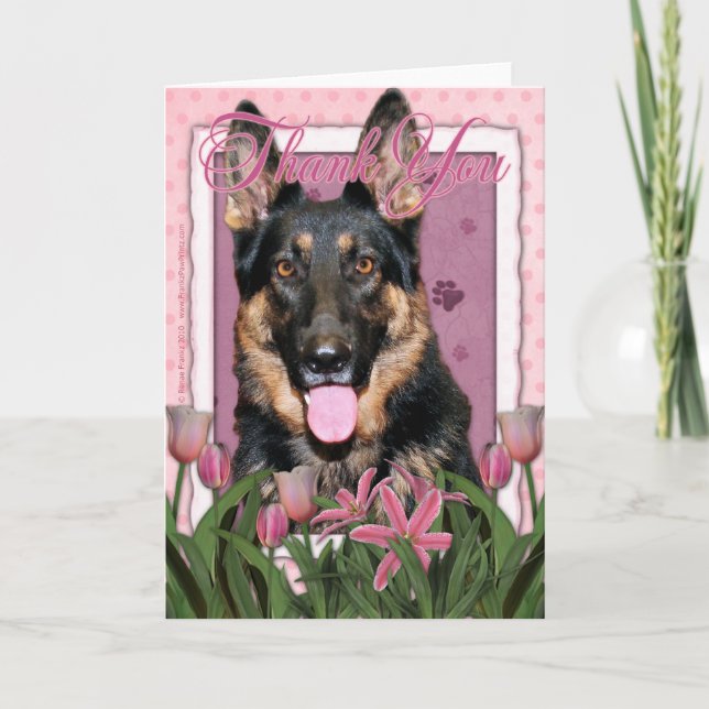 Cartão De Agradecimento - Tulipas Rosa - German shepherd - Kuno (Frente)