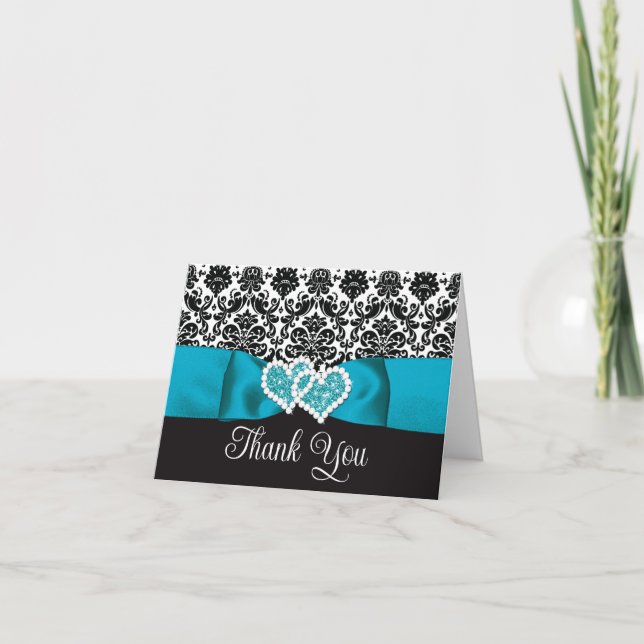 Cartão De Agradecimento Turquesa, Black Damask Love Heart Casamento (Frente)