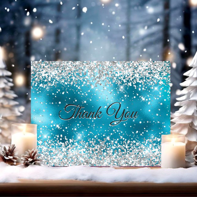 Cartão De Agradecimento Turquesa branca, cintilação de prata (Criador carregado)