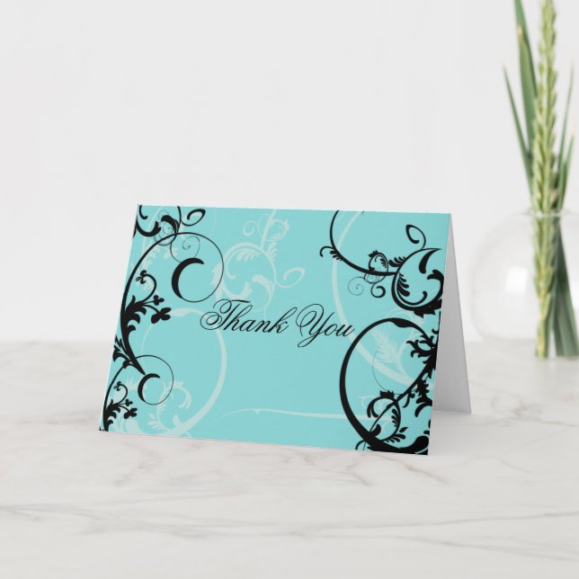 Cartão De Agradecimento Turquesa com Floreio de Remoinho Preto (Frente)