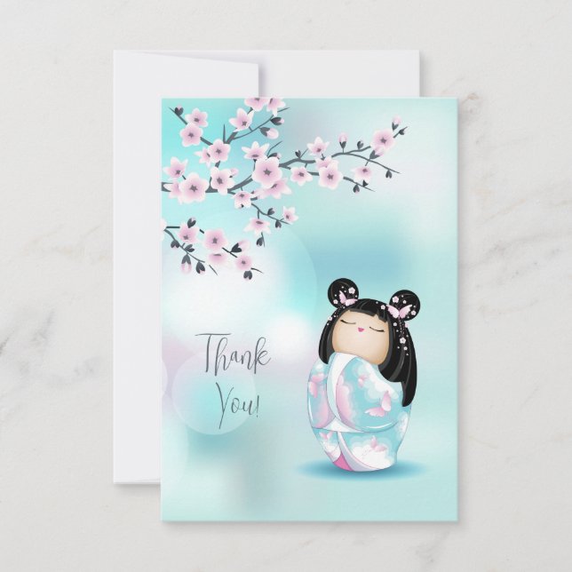 Cartão De Agradecimento Turquesa Rosa Kokeshi Doll Muito Obrigado (Frente)
