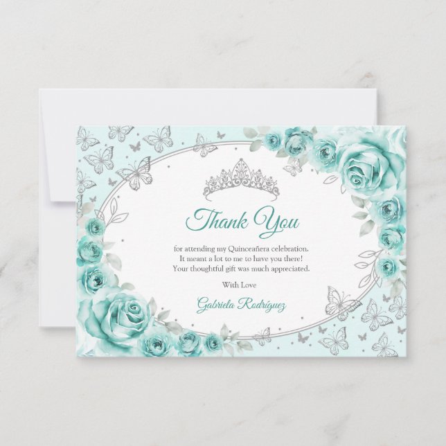 Cartão De Agradecimento Turquoise Silver  Floral Quinceanera (Frente)