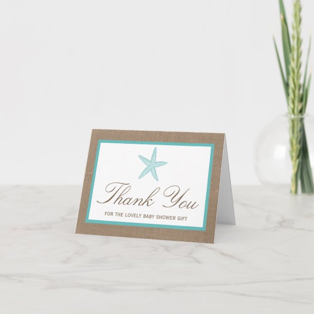Cartão De Agradecimento Turquoise Starfish Burlap Beach Baby Shower (Frente)