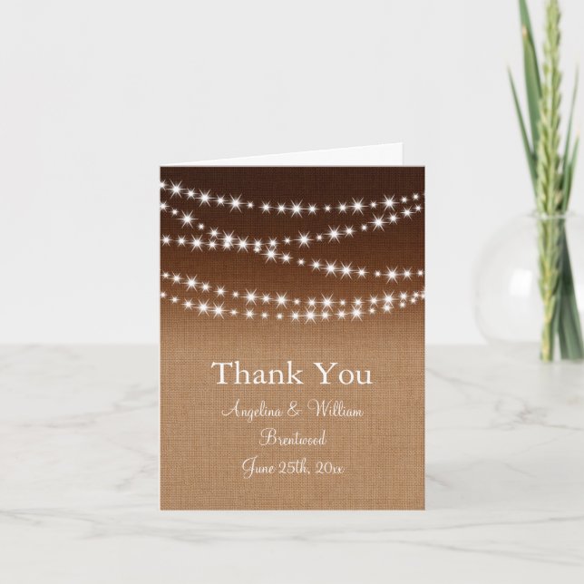 Cartão De Agradecimento Twinkle Lights Thank You Card on Shaded Burlap (Frente)