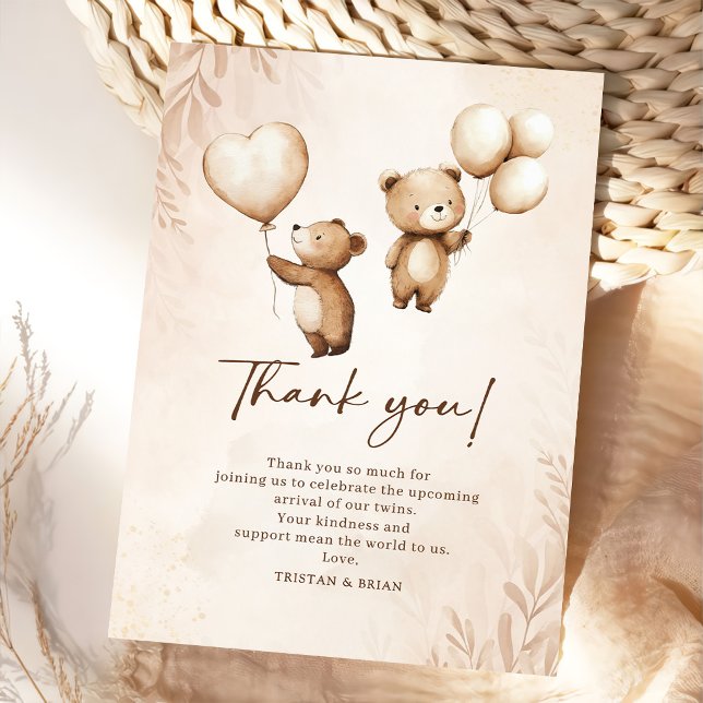 Cartão De Agradecimento Twins Teddy Bear Balloons Baby Shower (Criador carregado)