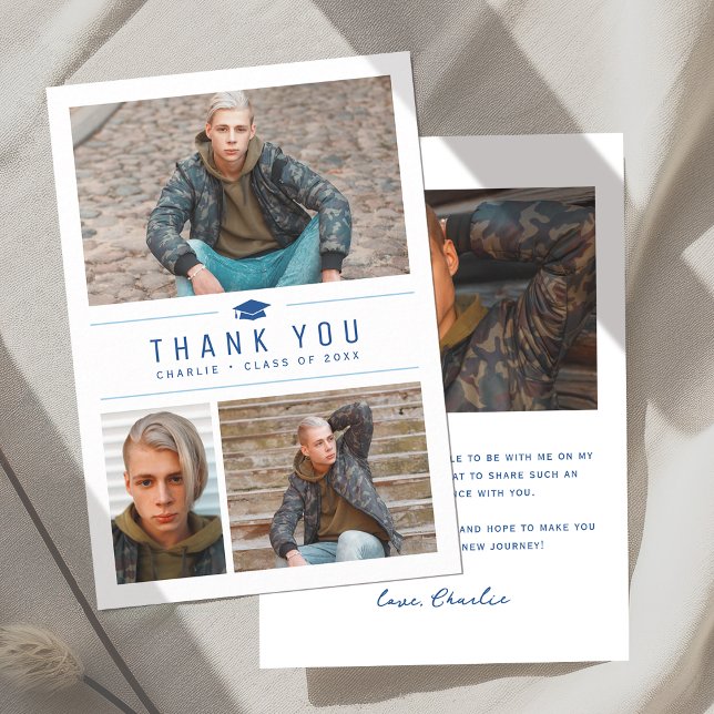 Cartão De Agradecimento Typografia Simples Azul 4 Graduação de Fotografia (Blue Modern Simple Typography 4 Photo Graduation Thank You Card)