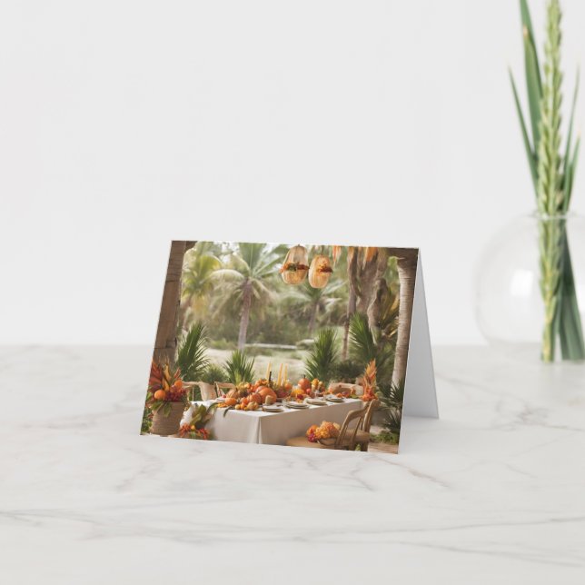 Cartão De Agradecimento Um Banquete de Ação de Graças em um panorama tropi (Frente)