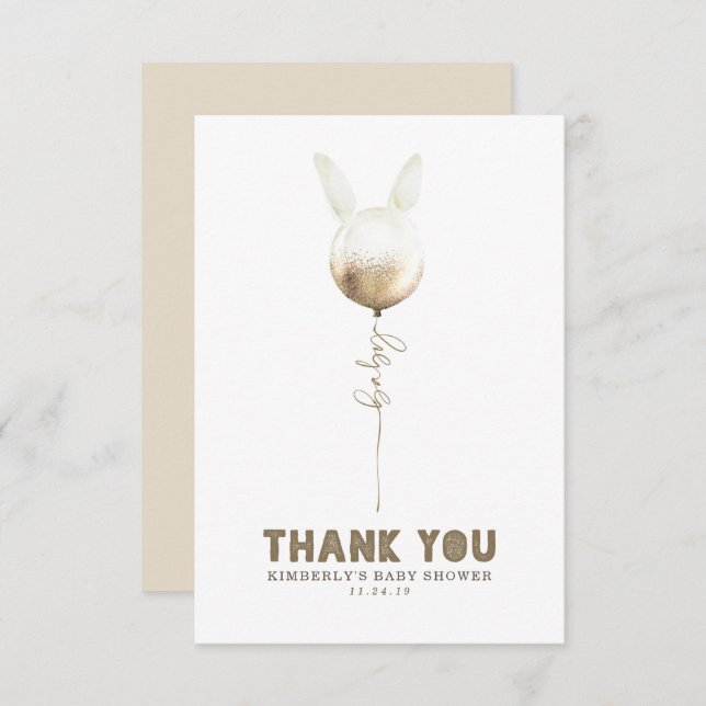 Cartão De Agradecimento Um Chá de fraldas De Balão De Bunny Pequeno Obriga (Frente/Verso)