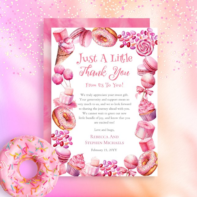 Cartão De Agradecimento Um Chá de fraldas Doce De Frame De Bebê (A Sweet Little Baby Candy Frame Girl Baby Shower "Just A Little Thank You" Thank You Card)
