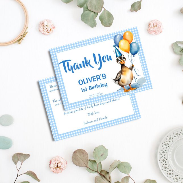Cartão De Agradecimento Um obrigado de aniversário de gingham azul de pato (One lucky duck blue gingham birthday party thank you cards cute mallard duck boys 1st birthday)