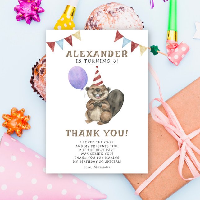 Cartão De Agradecimento Um pequeno castor 3ª Festa de aniversário (Criador carregado)