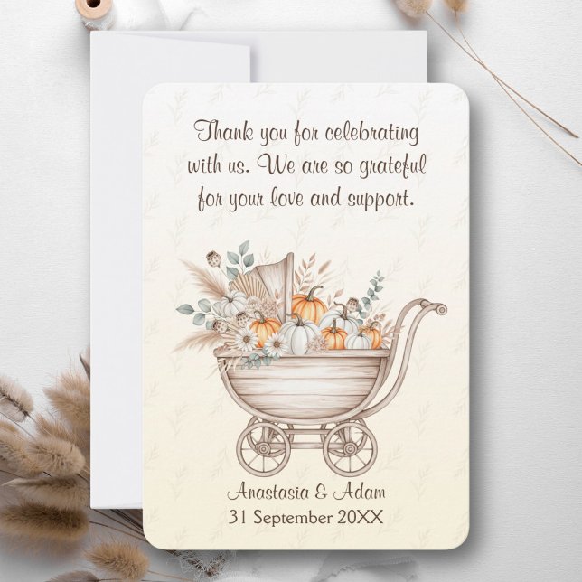 Cartão De Agradecimento Um Pequeno Chá de fraldas Pumpkin Boho (A Little Pumpkin Is On The Way Baby Shower Thank You Card with rustic baby carriage)