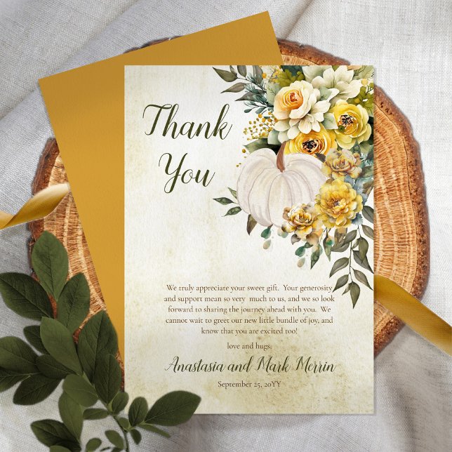 Cartão De Agradecimento Um Pequeno Pumpkin Colhe Um Dourado Chá de fraldas (Beautiful autumn florals and a creamy white pumpkin "Thank You" card design.)