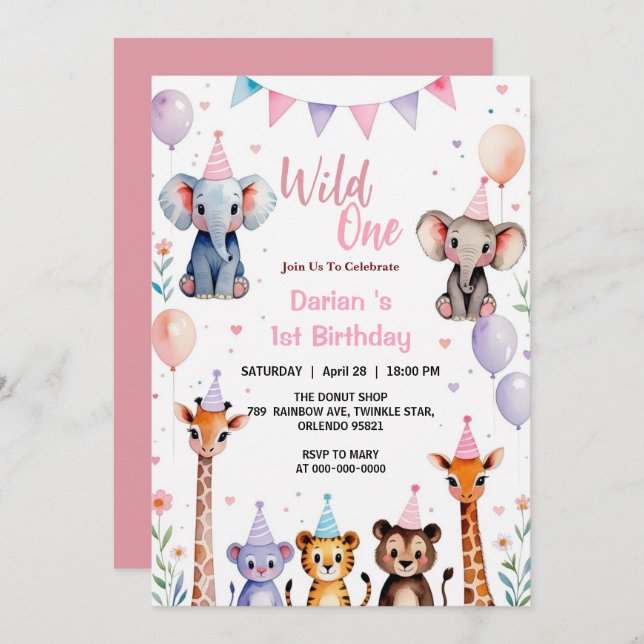 Cartão De Agradecimento Um Selvagem Animais Fofos Balão meninas 1º Anivers (Frente/Verso)