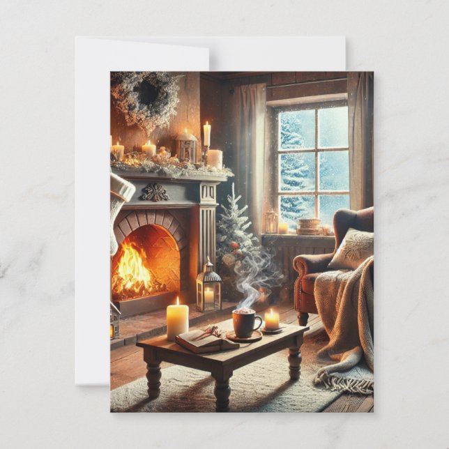 Cartão De Agradecimento Uma cena de inverno aconchegante junto à lareira q (Frente)