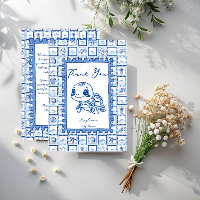Cartão De Agradecimento Under the sea blue cute turtle baby shower (Under the sea blue cute sea turtle baby shower thank you cards post stamp hand drawn sketch turtle)