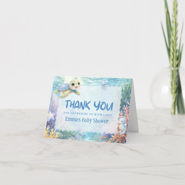 Cartão De Agradecimento Under the Sea Turtle Baby Shower Thank You Card (Frente)