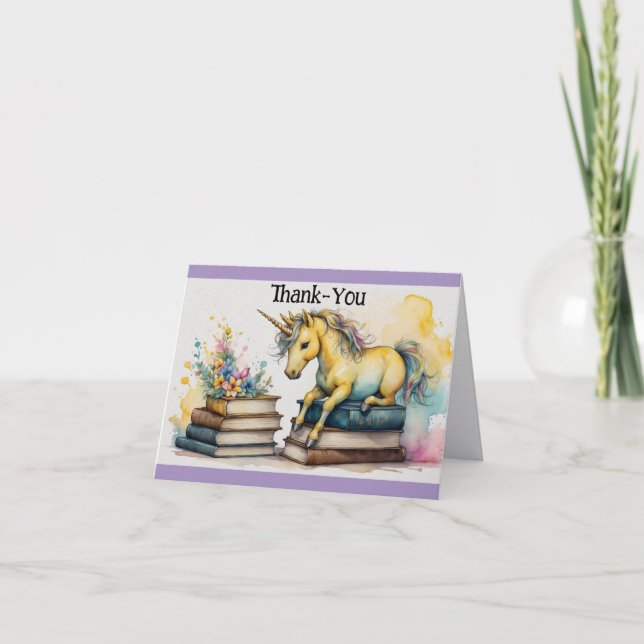 Cartão De Agradecimento Unicorn And Books Thank-You Card (Frente)