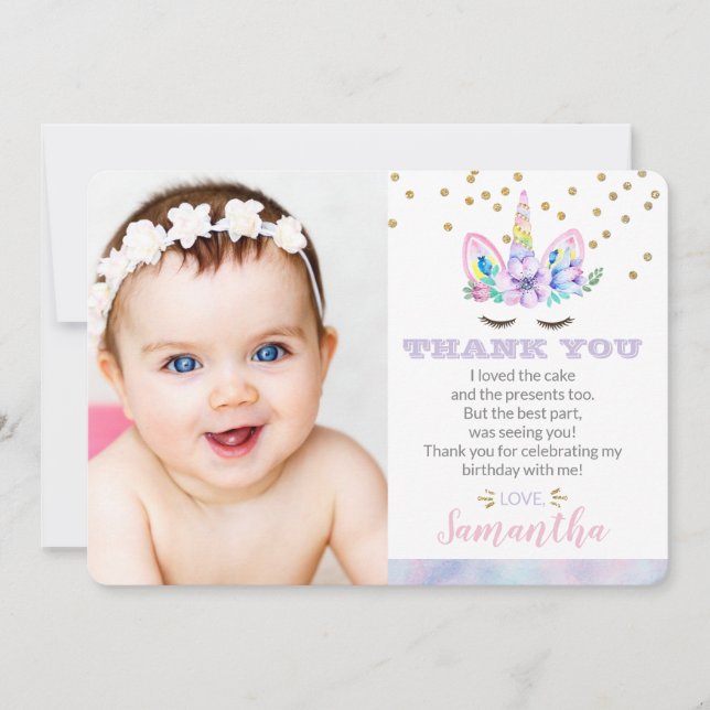 Cartão De Agradecimento Unicorn Birthday Photo Flat (Frente)