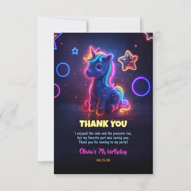 Cartão De Agradecimento Unicorn Neon Festa de aniversário Obrigado (Frente)