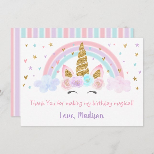 Cartão De Agradecimento Unicorn Rainbow Rosa Dourado Obrigado (Frente/Verso)
