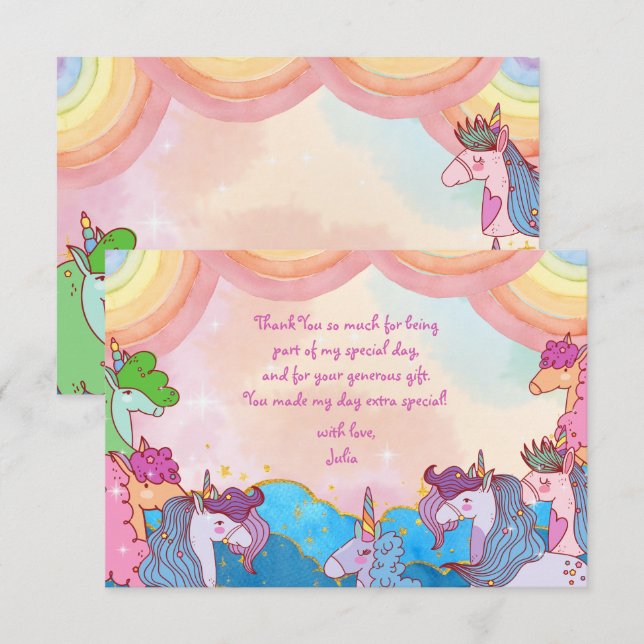 Cartão De Agradecimento Unicórnio Pastel arco-íris Aniversário Infantil (Frente/Verso)