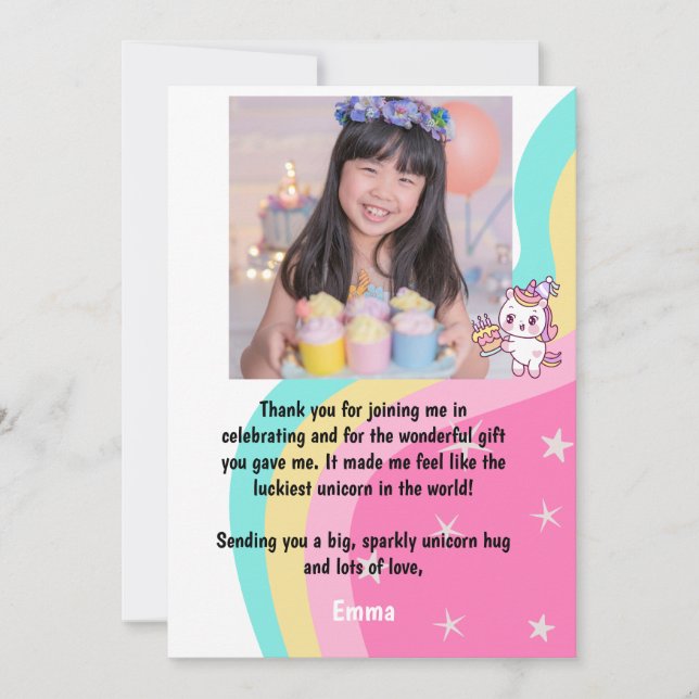 Cartão De Agradecimento Unicórnio Rosa Aniversário Personalizado  (Frente)