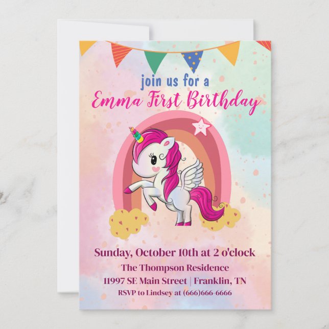 Cartão De Agradecimento Unicórnios Mágicos Aquarela Rosa 1º Aniversário (Frente)