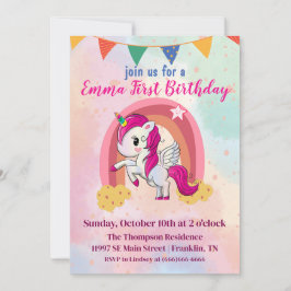 Cartão De Agradecimento Unicórnios Mágicos Aquarela Rosa 1º Aniversário