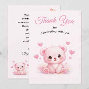 Cartão De Agradecimento Ursa Bebê Rosa Fofa para Aniversário de Menina